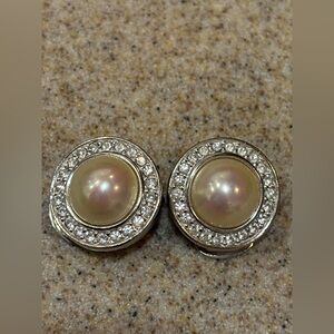 Christian Dior Silver Pearl Clip On Vintage Stud Earrings designer 20mm w COA